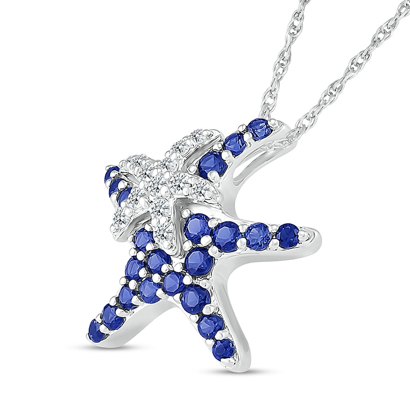 Main Image 2 of Blue and White Lab-Created Sapphire Motherly Love Starfish Pendant in Sterling Silver