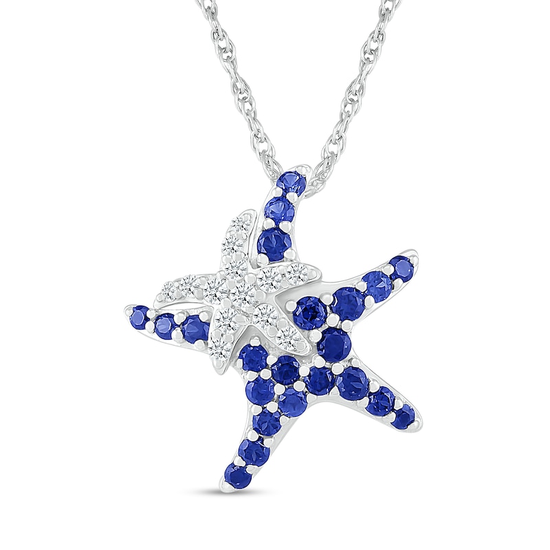 Main Image 1 of Blue and White Lab-Created Sapphire Motherly Love Starfish Pendant in Sterling Silver