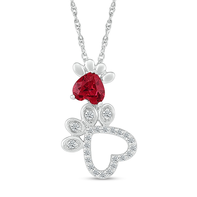 Main Image 1 of 5.0mm Heart-Shaped Lab-Created Ruby and White Lab-Created Sapphire Motherly Love Paw Prints Pendant in Sterling Silver