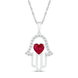 5.0mm Heart-Shaped Lab-Created Ruby and White Lab-Created Sapphire Hamsa Pendant in 10K White Gold