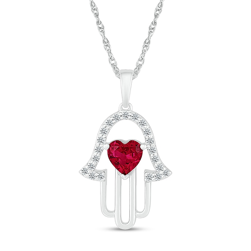 Main Image 1 of 5.0mm Heart-Shaped Lab-Created Ruby and White Lab-Created Sapphire Hamsa Pendant in 10K White Gold