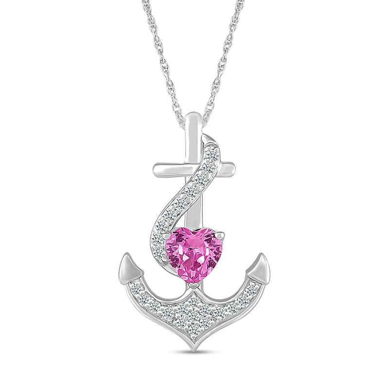 Main Image 1 of 5.0mm Heart-Shaped Pink and White Lab-Created Sapphire Ribbon Overlay Anchor Pendant in Sterling Silver