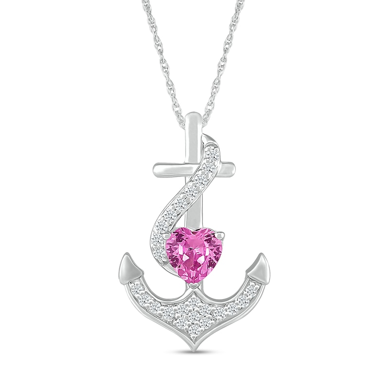 Main Image 1 of 5.0mm Heart-Shaped Pink and White Lab-Created Sapphire Ribbon Overlay Anchor Pendant in Sterling Silver
