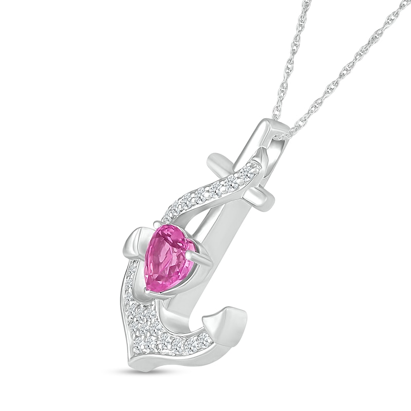Main Image 2 of 5.0mm Heart-Shaped Pink and White Lab-Created Sapphire Ribbon Overlay Anchor Pendant in Sterling Silver