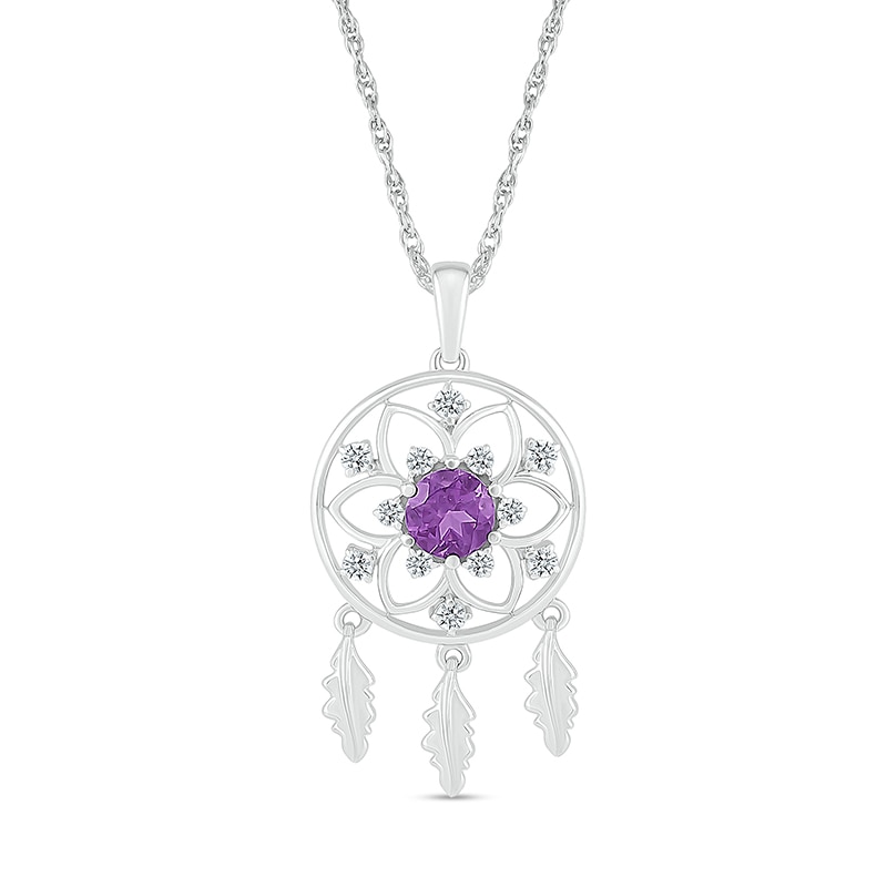 Main Image 1 of 5.0mm Amethyst and White Lab-Created Sapphire Mandala Dream Catcher Pendant in 10K White Gold