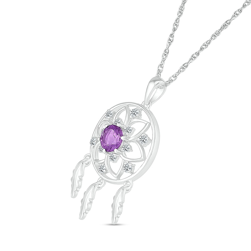 Main Image 2 of 5.0mm Amethyst and White Lab-Created Sapphire Mandala Dream Catcher Pendant in 10K White Gold