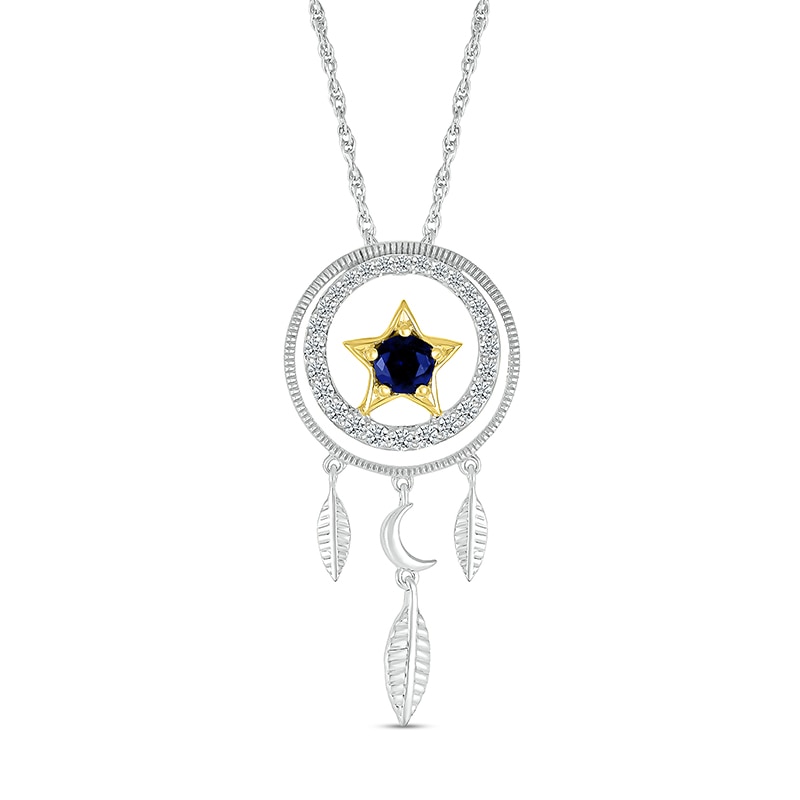 Main Image 1 of 4.0mm Blue and White Lab-Created Sapphire Star with Crescent Moon Dream Catcher Pendant in Sterling Silver and 10K Gold