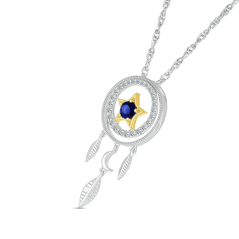 Main Image 2 of 4.0mm Blue and White Lab-Created Sapphire Star with Crescent Moon Dream Catcher Pendant in Sterling Silver and 10K Gold