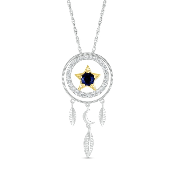 4.0mm Blue and White Lab-Created Sapphire Star with Crescent Moon Dream Catcher Pendant in Sterling Silver and 10K Gold