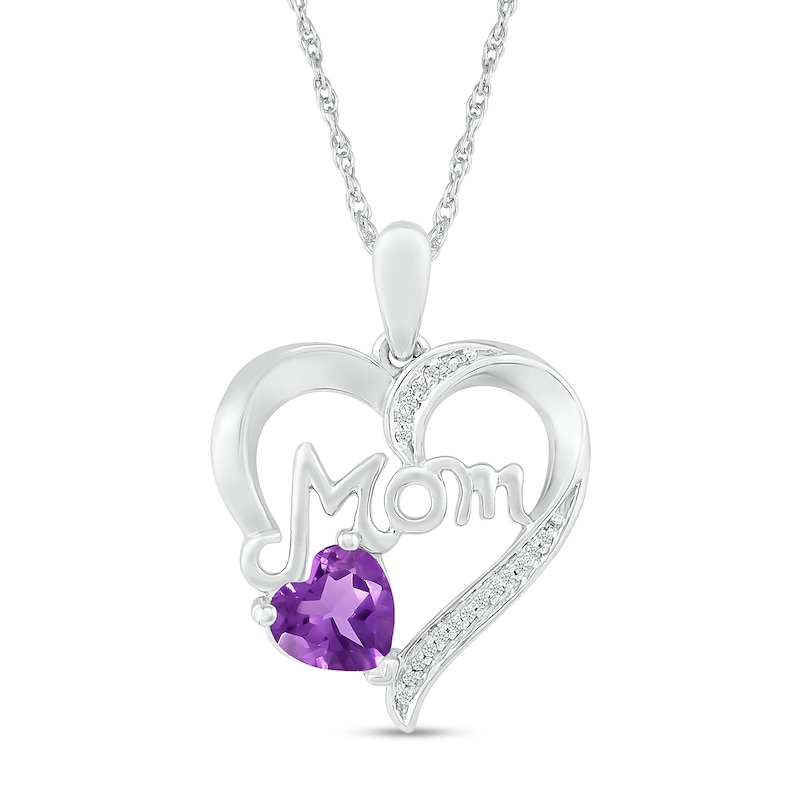 Main Image 1 of 6.0mm Amethyst and Diamond Accent Cursive "Mom" Loop Heart Drop Pendant in Sterling Silver