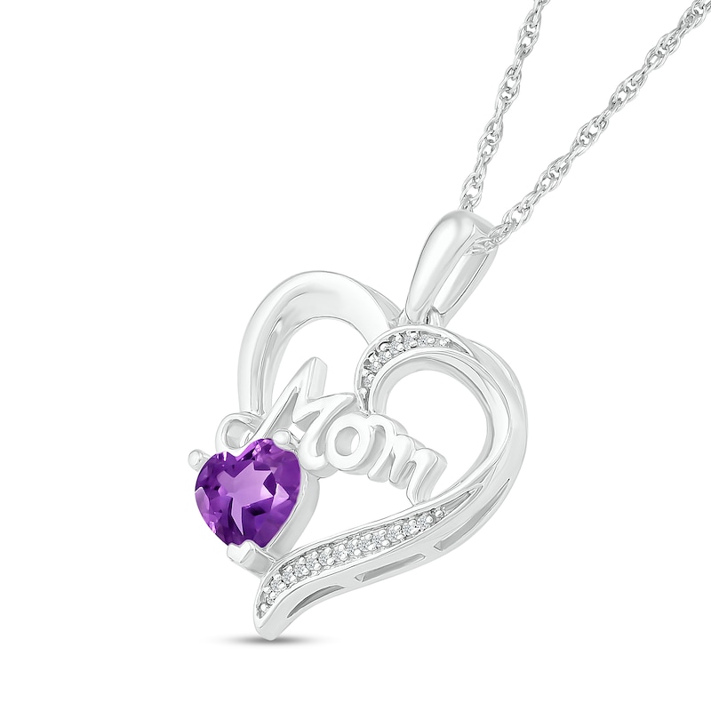 Main Image 2 of 6.0mm Amethyst and Diamond Accent Cursive "Mom" Loop Heart Drop Pendant in Sterling Silver