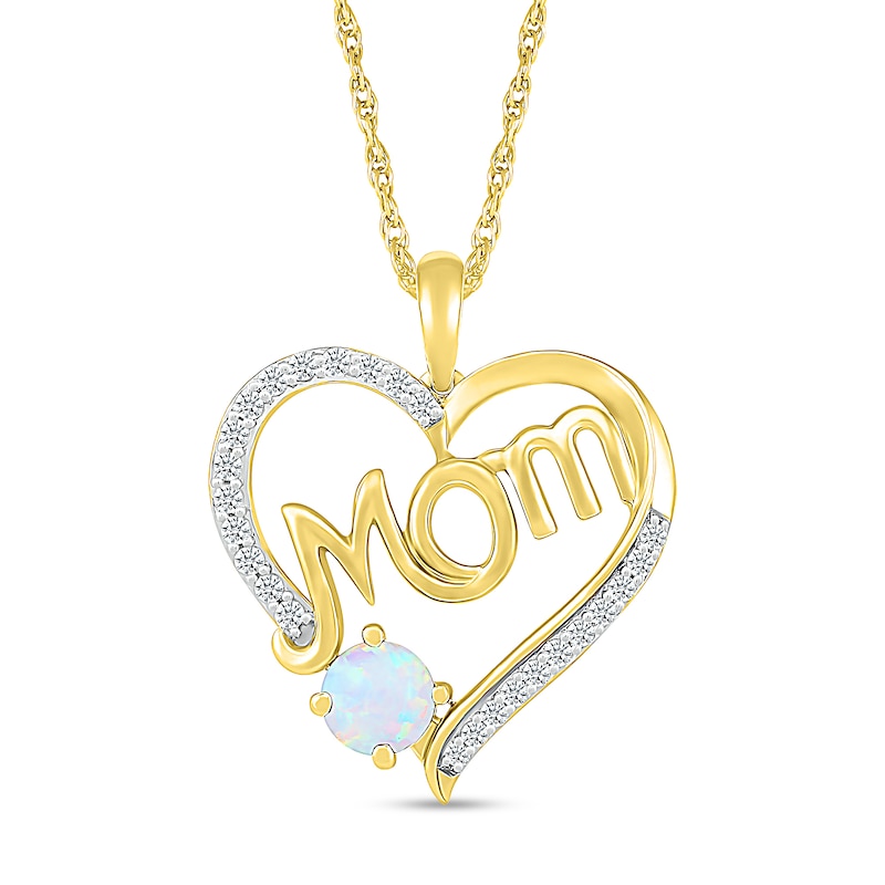 Main Image 1 of 5.0mm Lab-Created Opal and White Lab-Created Sapphire Cursive "Mom" Heart Pendant in Sterling Silver with 14K Gold Plate