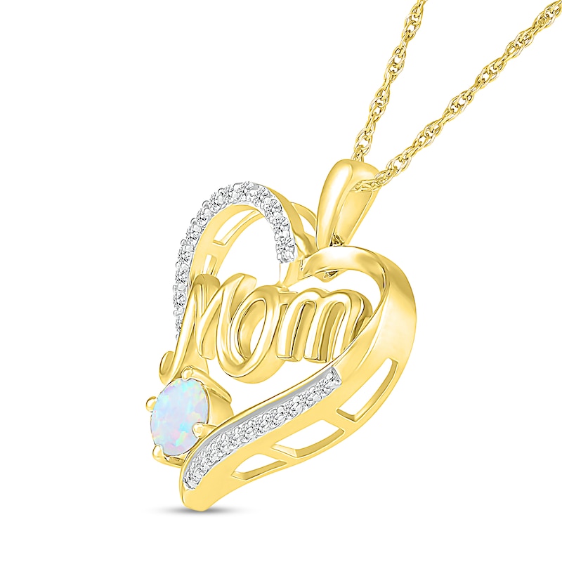 Main Image 2 of 5.0mm Lab-Created Opal and White Lab-Created Sapphire Cursive "Mom" Heart Pendant in Sterling Silver with 14K Gold Plate