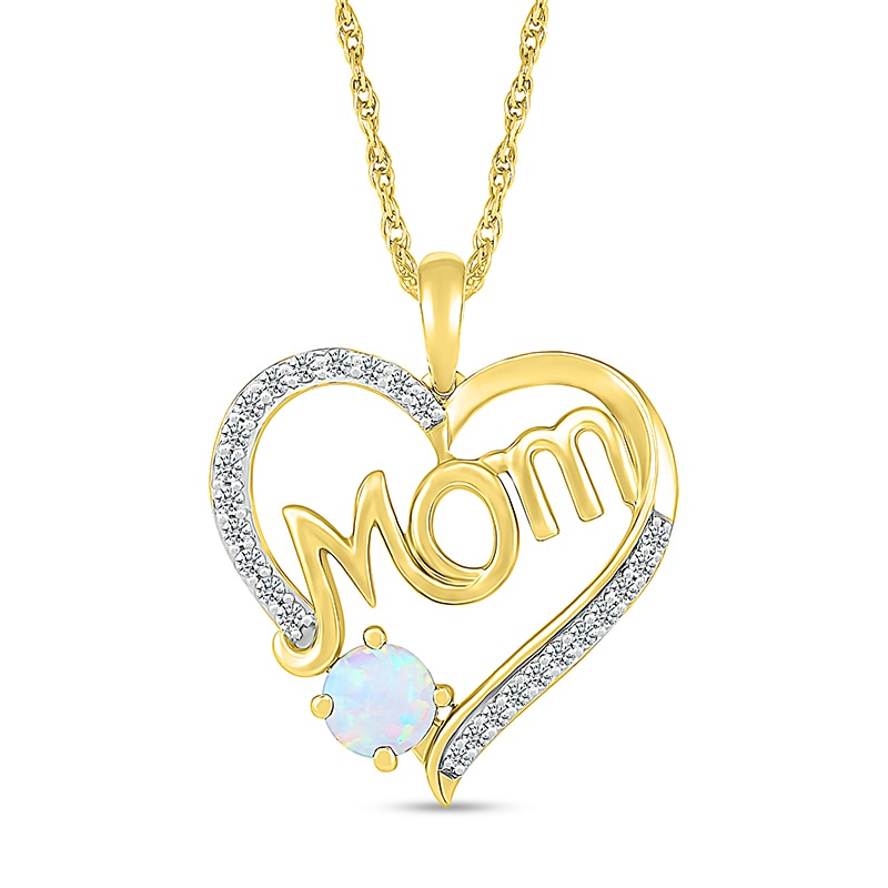 Main Image 1 of 5.0mm Lab-Created Opal and White Lab-Created Sapphire Cursive "Mom" Heart Pendant in Sterling Silver with 14K Gold Plate