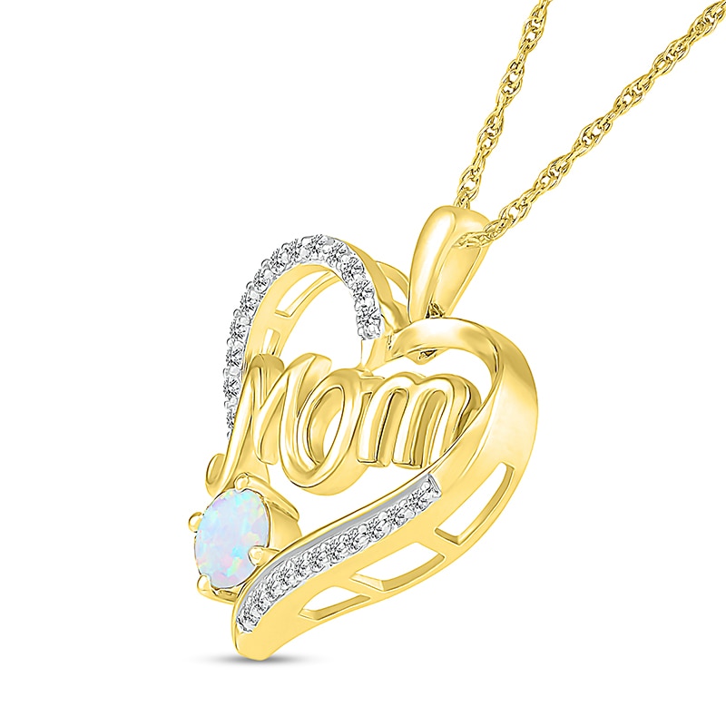 Main Image 2 of 5.0mm Lab-Created Opal and White Lab-Created Sapphire Cursive "Mom" Heart Pendant in Sterling Silver with 14K Gold Plate