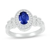Thumbnail Image 1 of Oval Blue and White Lab-Created Sapphire Frame Leaf-Sides Ring in 10K White Gold