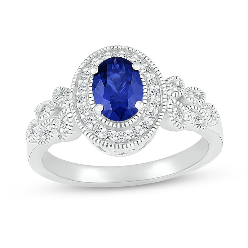 Main Image 1 of Oval Blue and White Lab-Created Sapphire Frame Leaf-Sides Ring in 10K White Gold