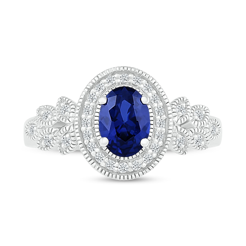 Main Image 2 of Oval Blue and White Lab-Created Sapphire Frame Leaf-Sides Ring in 10K White Gold