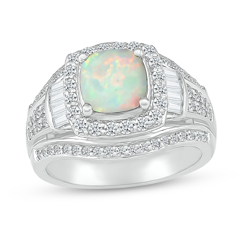 Main Image 1 of 7.0mm Cushion-Shaped Lab-Created Opal and White Lab-Created Sapphire Frame Bold Multi-Row Ring in Sterling Silver