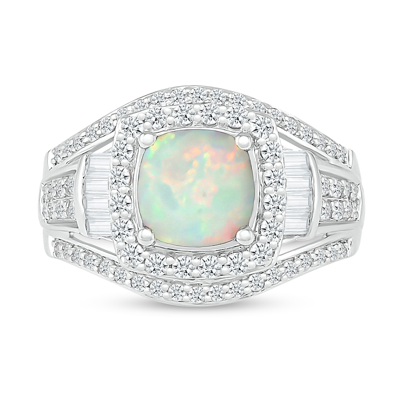 Main Image 2 of 7.0mm Cushion-Shaped Lab-Created Opal and White Lab-Created Sapphire Frame Bold Multi-Row Ring in Sterling Silver