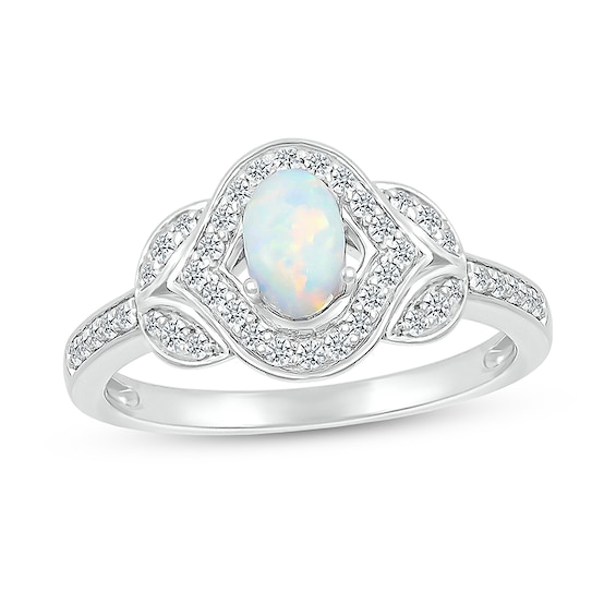 Oval Lab-Created Opal and White Lab-Created Sapphire Contour Frame Leaf-Sides Ring in 10K White Gold