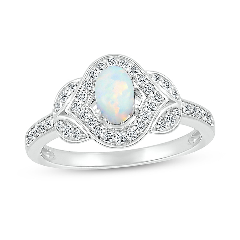 Main Image 1 of Oval Lab-Created Opal and White Lab-Created Sapphire Contour Frame Leaf-Sides Ring in 10K White Gold