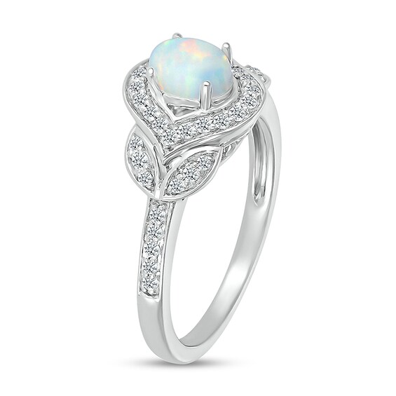 Oval Lab-Created Opal and White Lab-Created Sapphire Contour Frame Leaf-Sides Ring in 10K White Gold