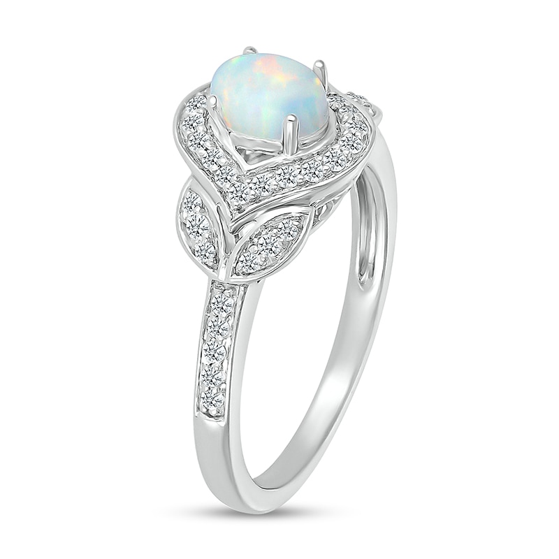 Main Image 2 of Oval Lab-Created Opal and White Lab-Created Sapphire Contour Frame Leaf-Sides Ring in 10K White Gold