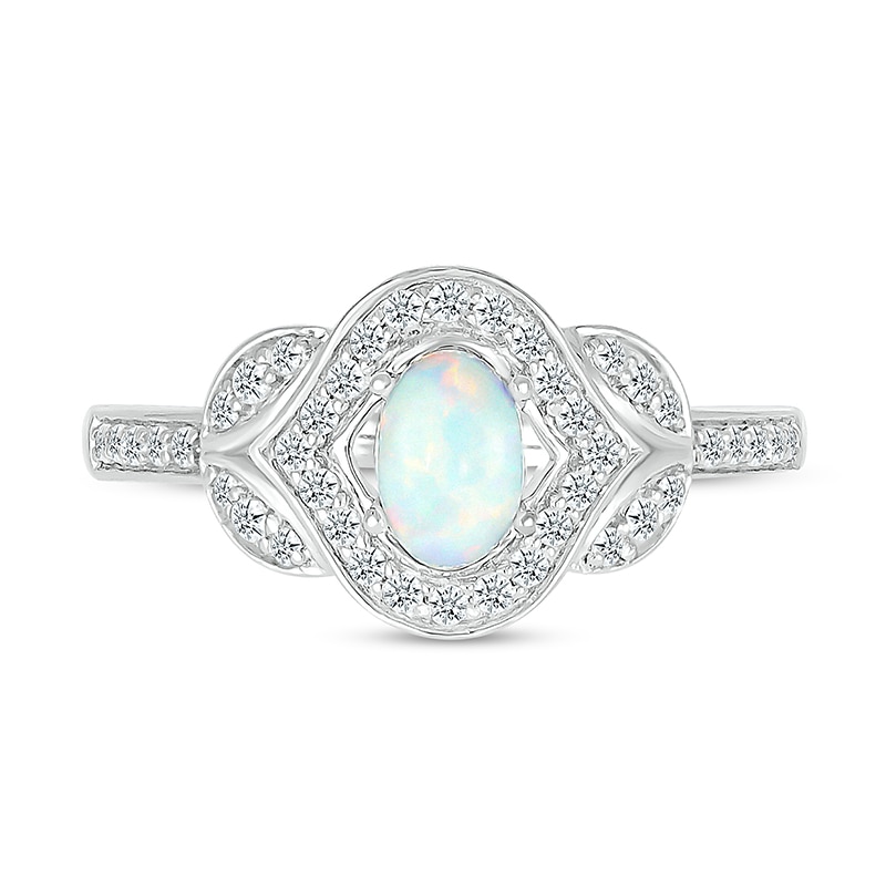 Main Image 3 of Oval Lab-Created Opal and White Lab-Created Sapphire Contour Frame Leaf-Sides Ring in 10K White Gold