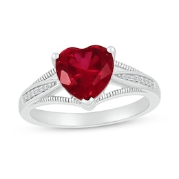 8.0mm Heart-Shaped Lab-Created Ruby and 1/20 CT. T.W. Diamond Tapered Split Shank Ring in 10K White Gold