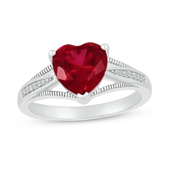 8.0mm Heart-Shaped Lab-Created Ruby and 1/20 CT. T.w. Diamond Tapered Split Shank Ring in 10K White Gold