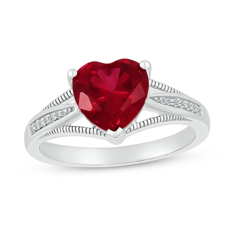Main Image 1 of 8.0mm Heart-Shaped Lab-Created Ruby and 1/20 CT. T.W. Diamond Tapered Split Shank Ring in 10K White Gold