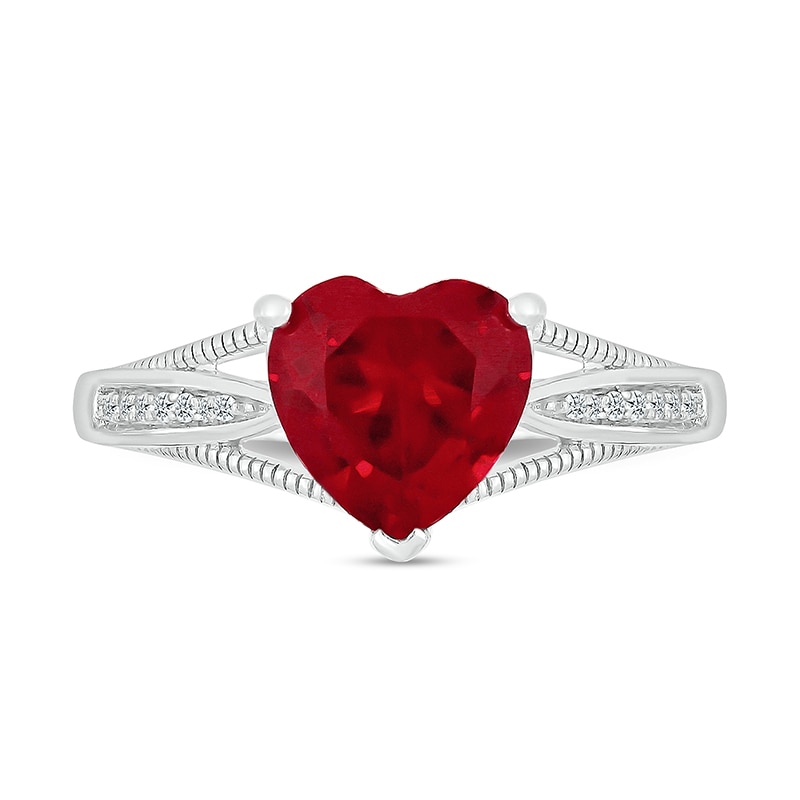Main Image 2 of 8.0mm Heart-Shaped Lab-Created Ruby and 1/20 CT. T.W. Diamond Tapered Split Shank Ring in 10K White Gold
