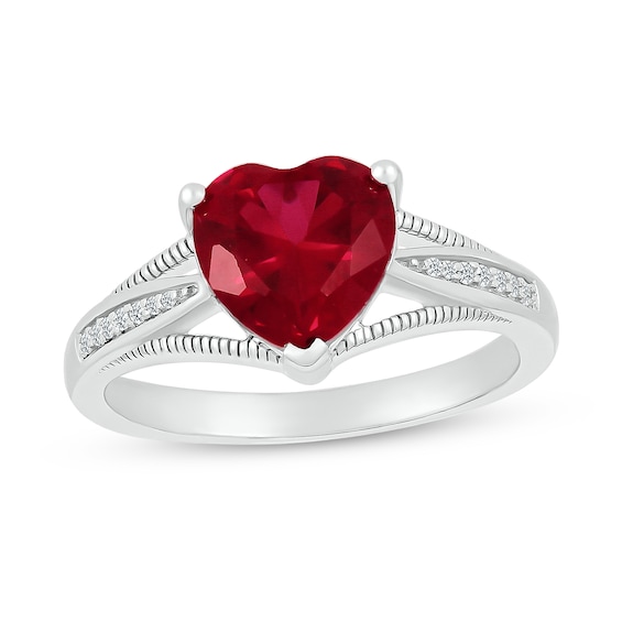 8.0mm Heart-Shaped Lab-Created Ruby and 1/20 CT. T.w. Diamond Tapered Split Shank Ring in 10K White Gold