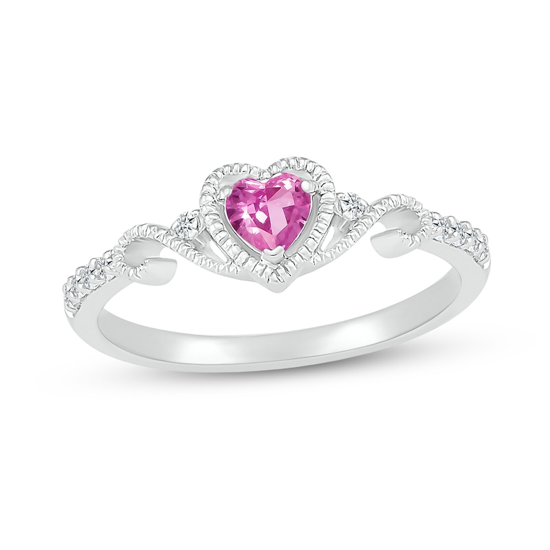 Main Image 1 of 4.0mm Heart-Shaped Pink and White Lab-Created Sapphire Frame with Scroll Accent Vintage-Style Ring in 10K White Gold