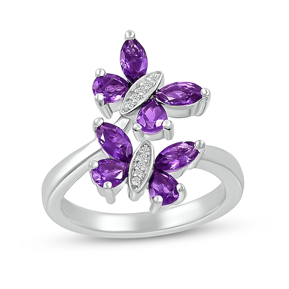 Marquise and Pear-Shaped Amethyst with Diamond Accent Double Butterfly Toi et Moi Bypass Wrap Ring in Sterling Silver