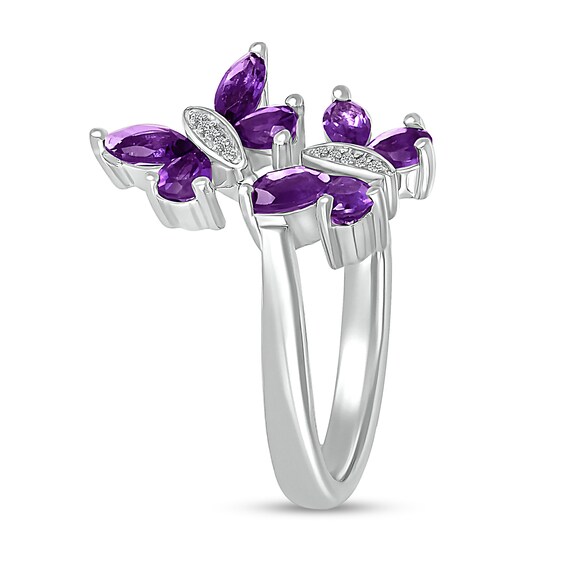 Marquise and Pear-Shaped Amethyst with Diamond Accent Double Butterfly Toi et Moi Bypass Wrap Ring in Sterling Silver