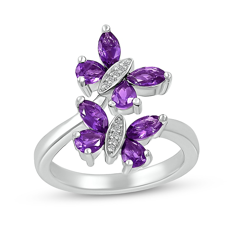 Main Image 1 of Marquise and Pear-Shaped Amethyst with Diamond Accent Double Butterfly Toi et Moi Bypass Wrap Ring in Sterling Silver