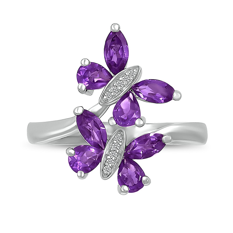 Main Image 2 of Marquise and Pear-Shaped Amethyst with Diamond Accent Double Butterfly Toi et Moi Bypass Wrap Ring in Sterling Silver