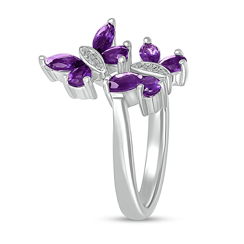 Main Image 4 of Marquise and Pear-Shaped Amethyst with Diamond Accent Double Butterfly Toi et Moi Bypass Wrap Ring in Sterling Silver