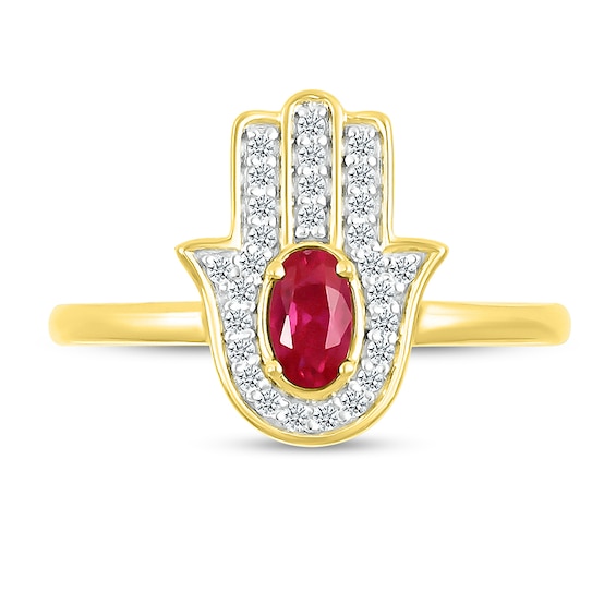 Oval Lab-Created Ruby and White Lab-Created Sapphire Hamsa Ring in 10K Gold