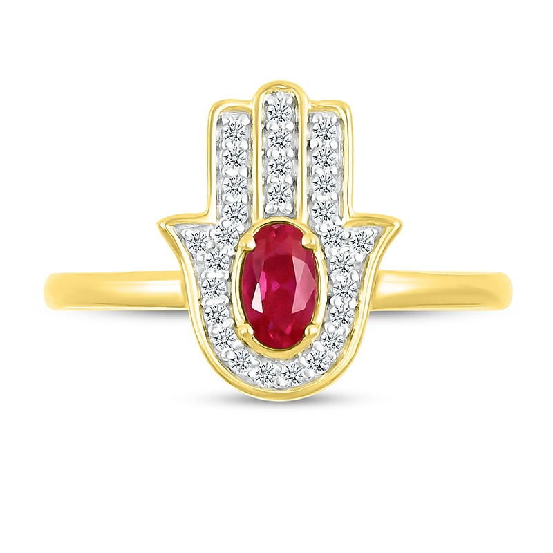 Main Image 2 of Oval Lab-Created Ruby and White Lab-Created Sapphire Hamsa Ring in 10K Gold