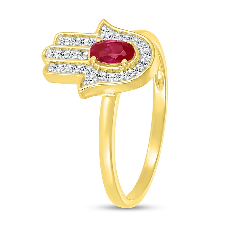 Main Image 3 of Oval Lab-Created Ruby and White Lab-Created Sapphire Hamsa Ring in 10K Gold