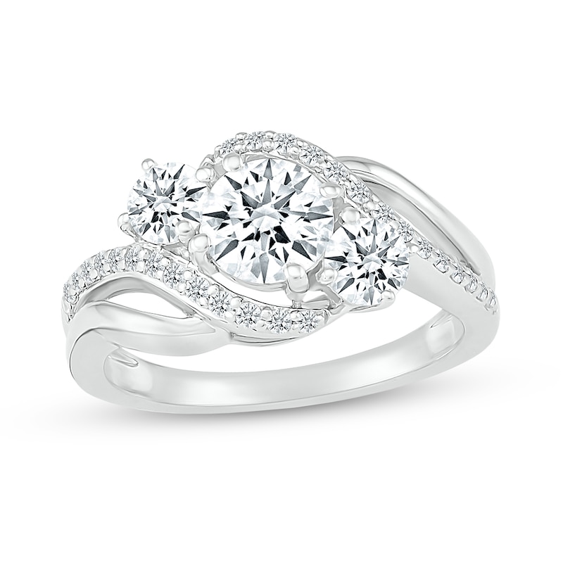 Main Image 1 of White Lab-Created Sapphire Three Stone Slant Bypass Rolling Wave Ring in 10K White Gold