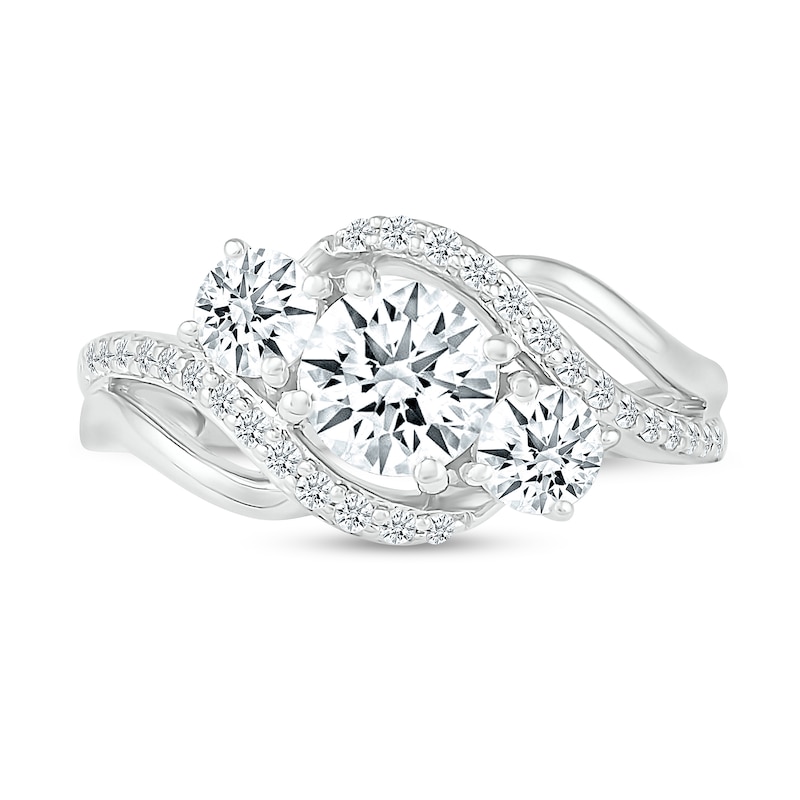 Main Image 2 of White Lab-Created Sapphire Three Stone Slant Bypass Rolling Wave Ring in 10K White Gold