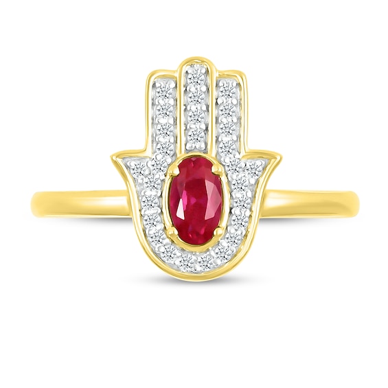 Oval Lab-Created Ruby and White Lab-Created Sapphire Hamsa Ring in 10K Gold