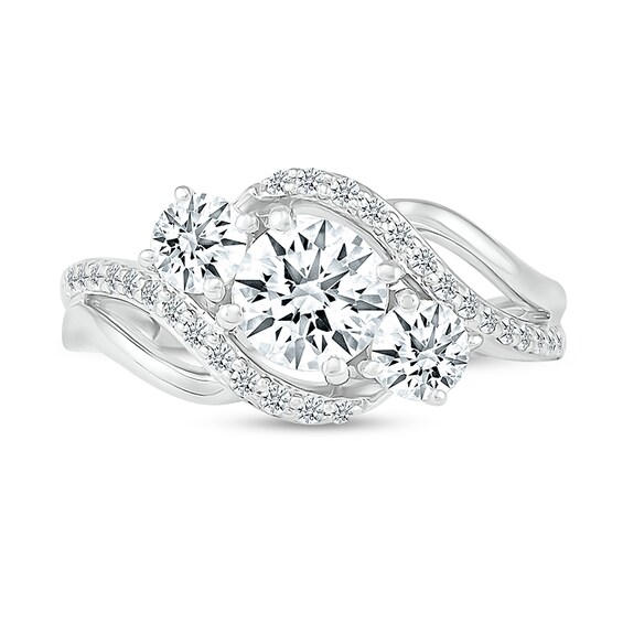 White Lab-Created Sapphire Three Stone Slant Bypass Rolling Wave Ring in 10K White Gold