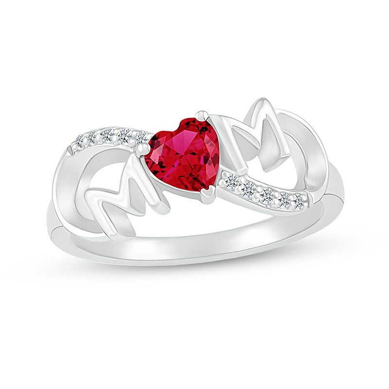 Main Image 1 of 5.0mm Heart-Shaped Lab-Created Ruby and White Lab-Created Sapphire "MOM" Infinity Ring in Sterling Silver
