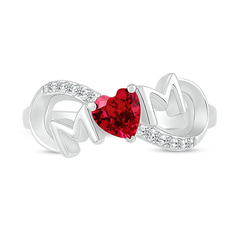 Main Image 2 of 5.0mm Heart-Shaped Lab-Created Ruby and White Lab-Created Sapphire "MOM" Infinity Ring in Sterling Silver