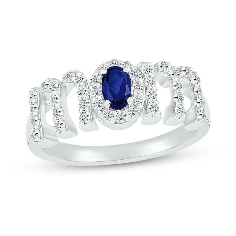 Main Image 1 of Oval Blue and White Lab-Created Sapphire "MOM" Ring in 10K White Gold